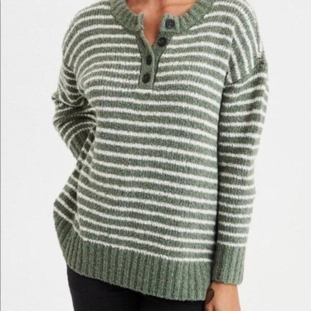 American Eagle Sweater Heney Striped Green and White Stripes XS